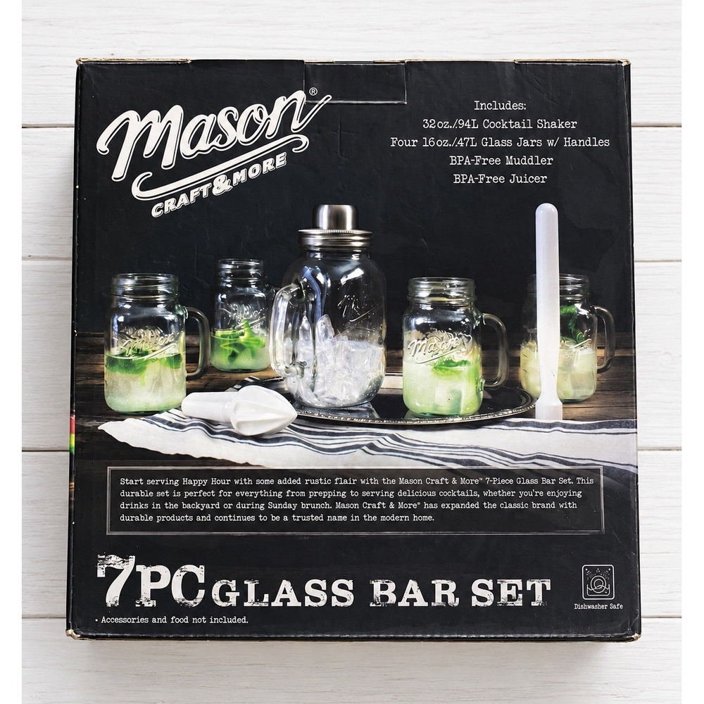 Mason Craft & More 7 Piece Glass Bar Set Cocktail Shaker 4 Jar Mugs Muddler